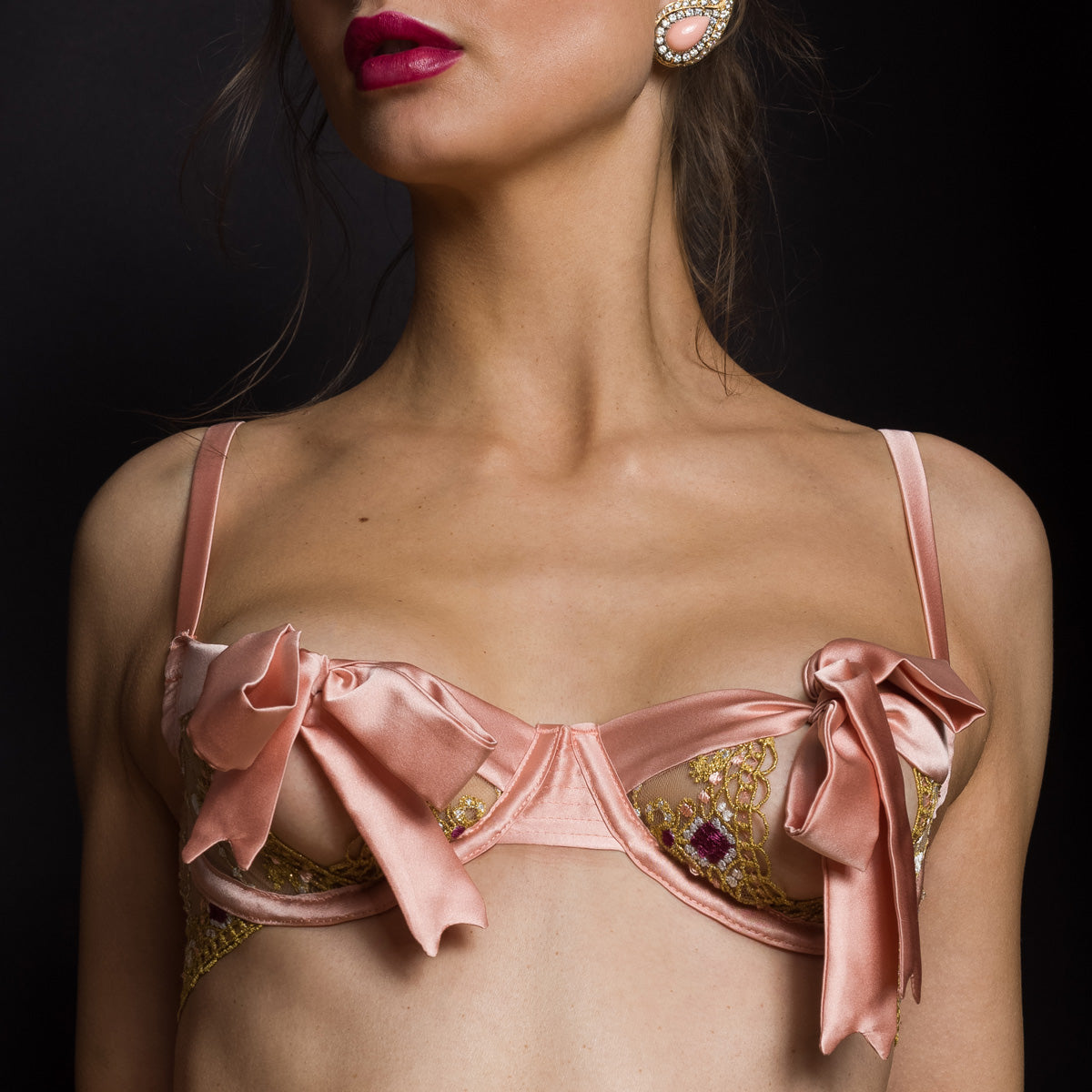 Studio Pia Balconette bra with silk bow cup detail in coral peach ethical silk - front