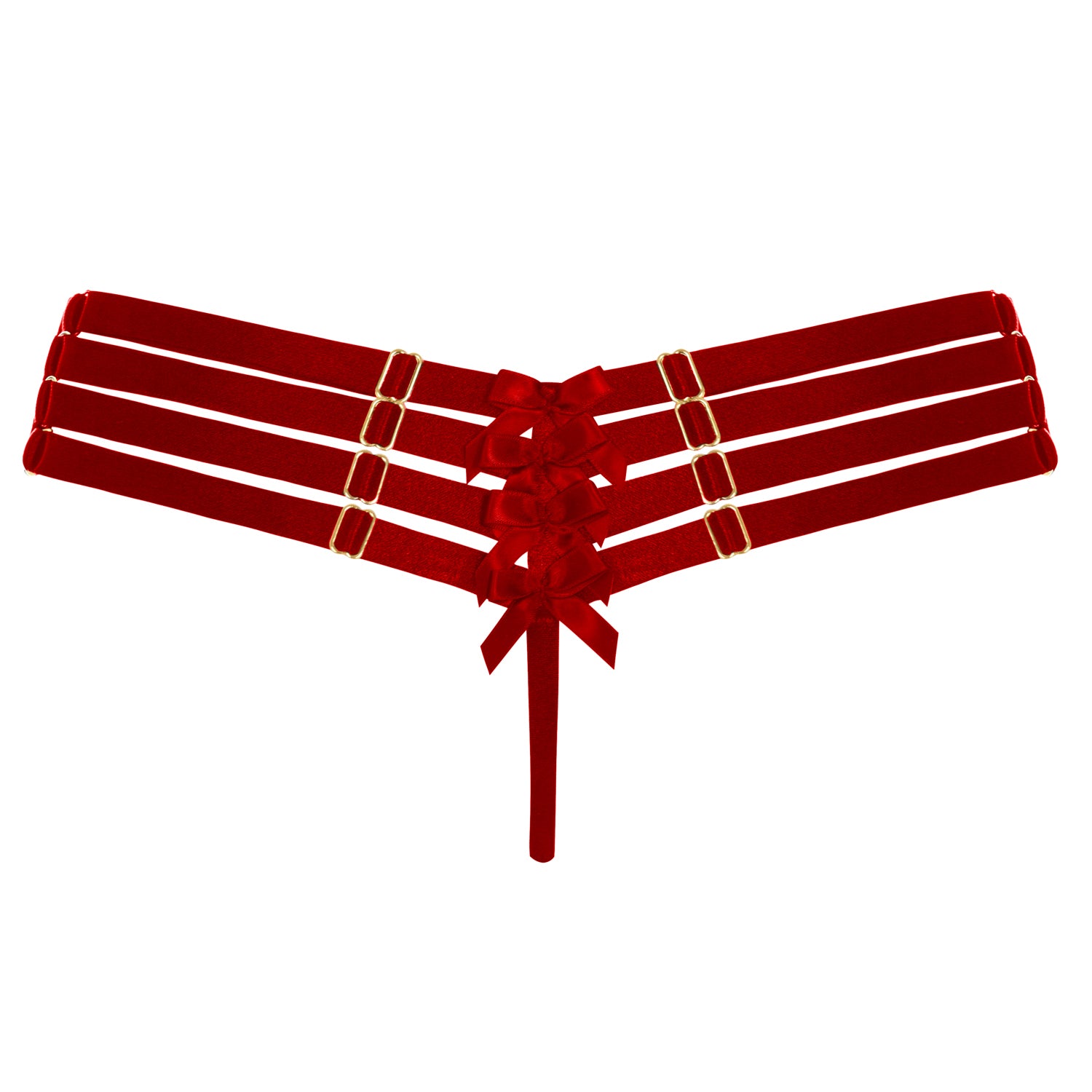 Bordelle Adjustable silk webbed thong in red adjustable multi-strap gstring with bows - back