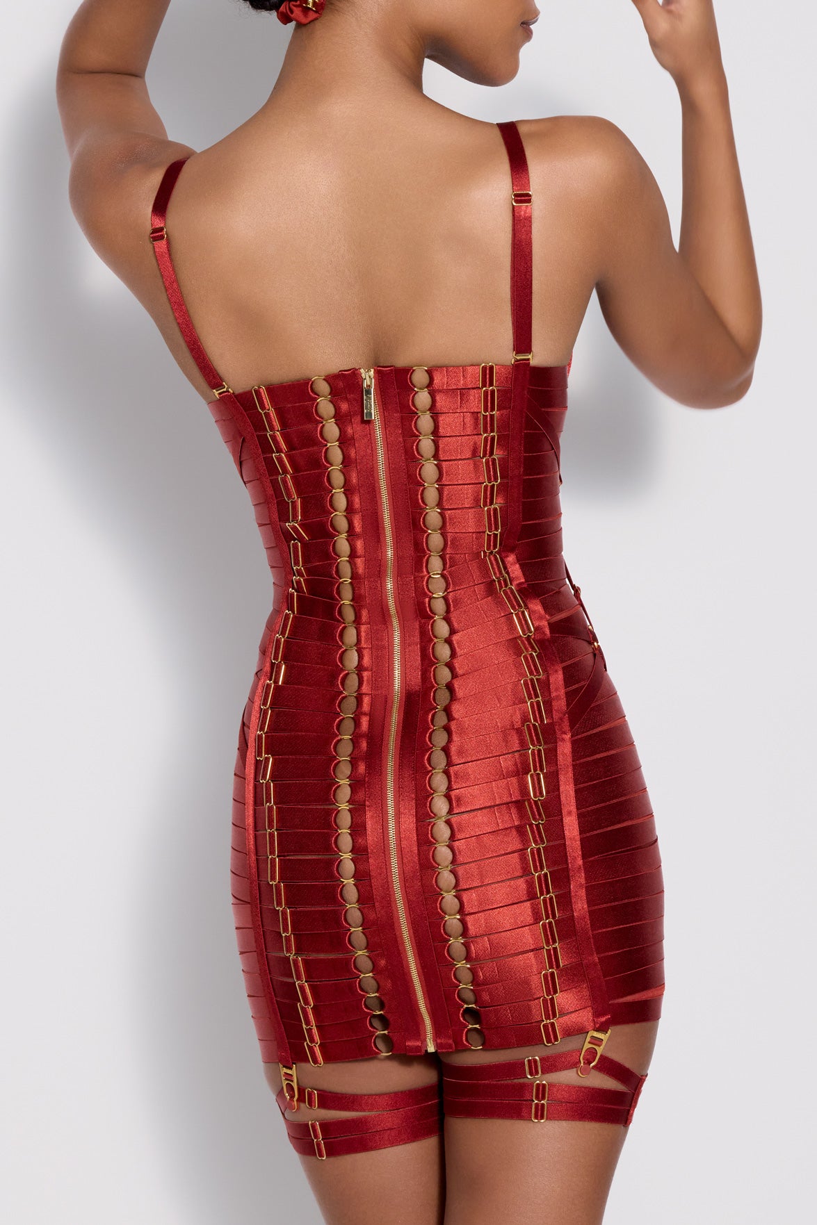 bordelle adjustable bondage angela dress elastic strapping - corset dress - burnt red