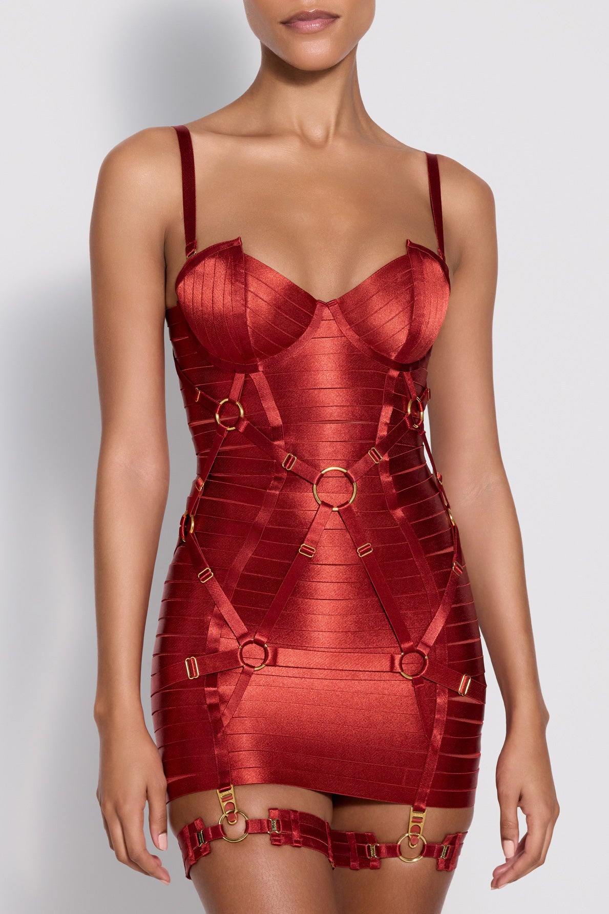 bordelle adjustable bondage angela dress elastic strapping - corset dress - burnt red