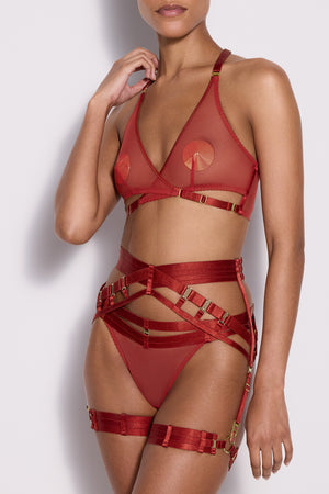 Art Deco mesh wrap bra by Bordelle - red