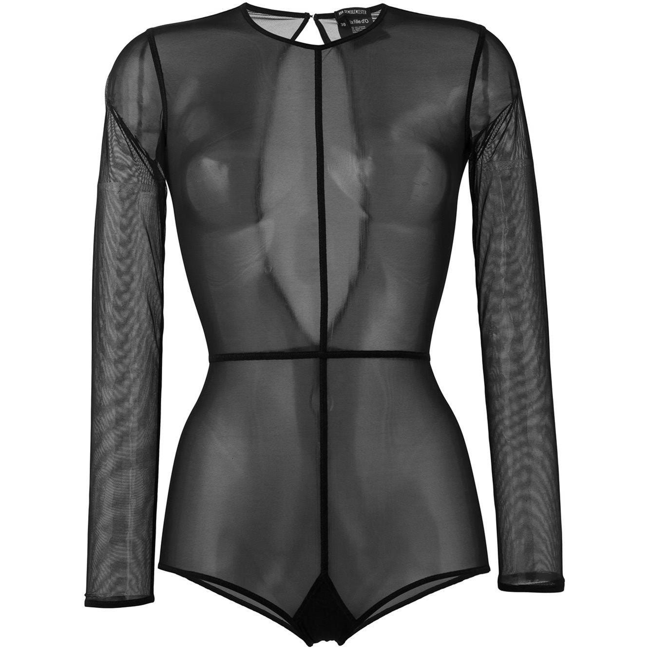 Ann Demeulemeester X la fille d'O longsleeve bodysuit in sheer back mesh with seam detail