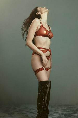 Bordelle 10 year soft cup bra, 10 year wrap suspender and 10 year thong in burnt red