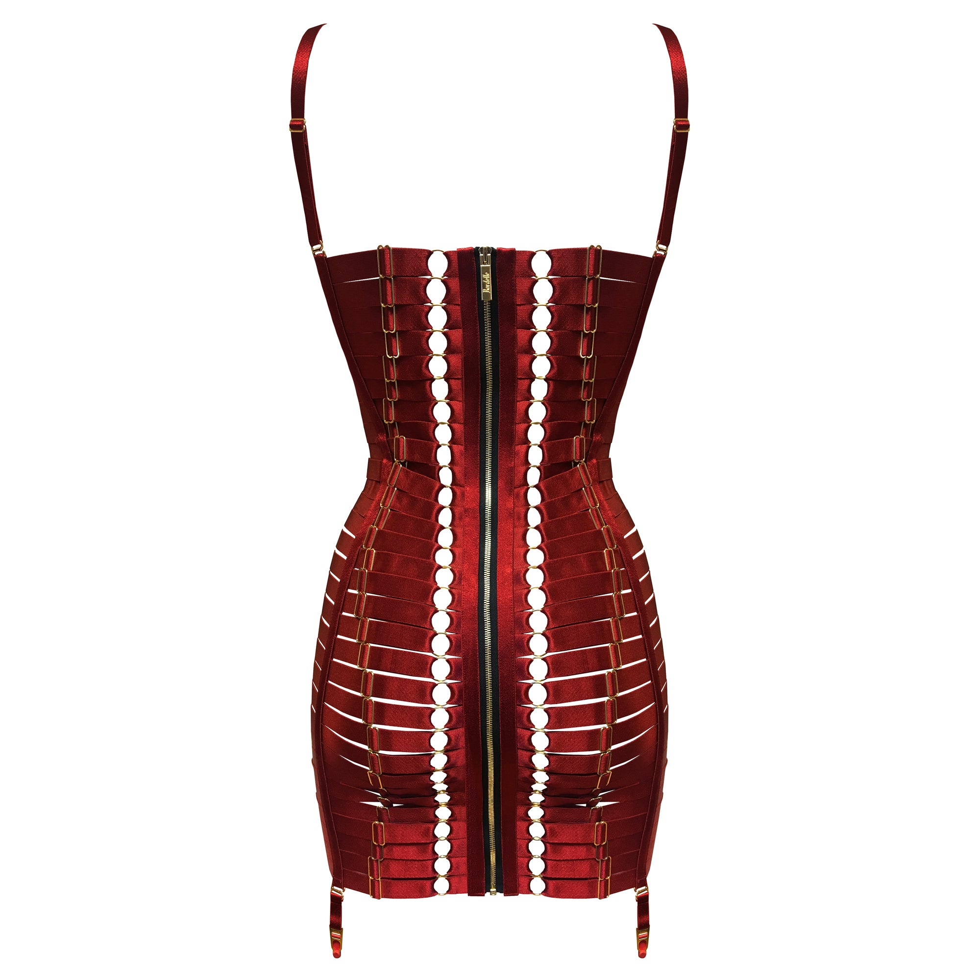 Bordelle Adjustable Angela dress in red corset style luxury peep skin tight wearable lingerie