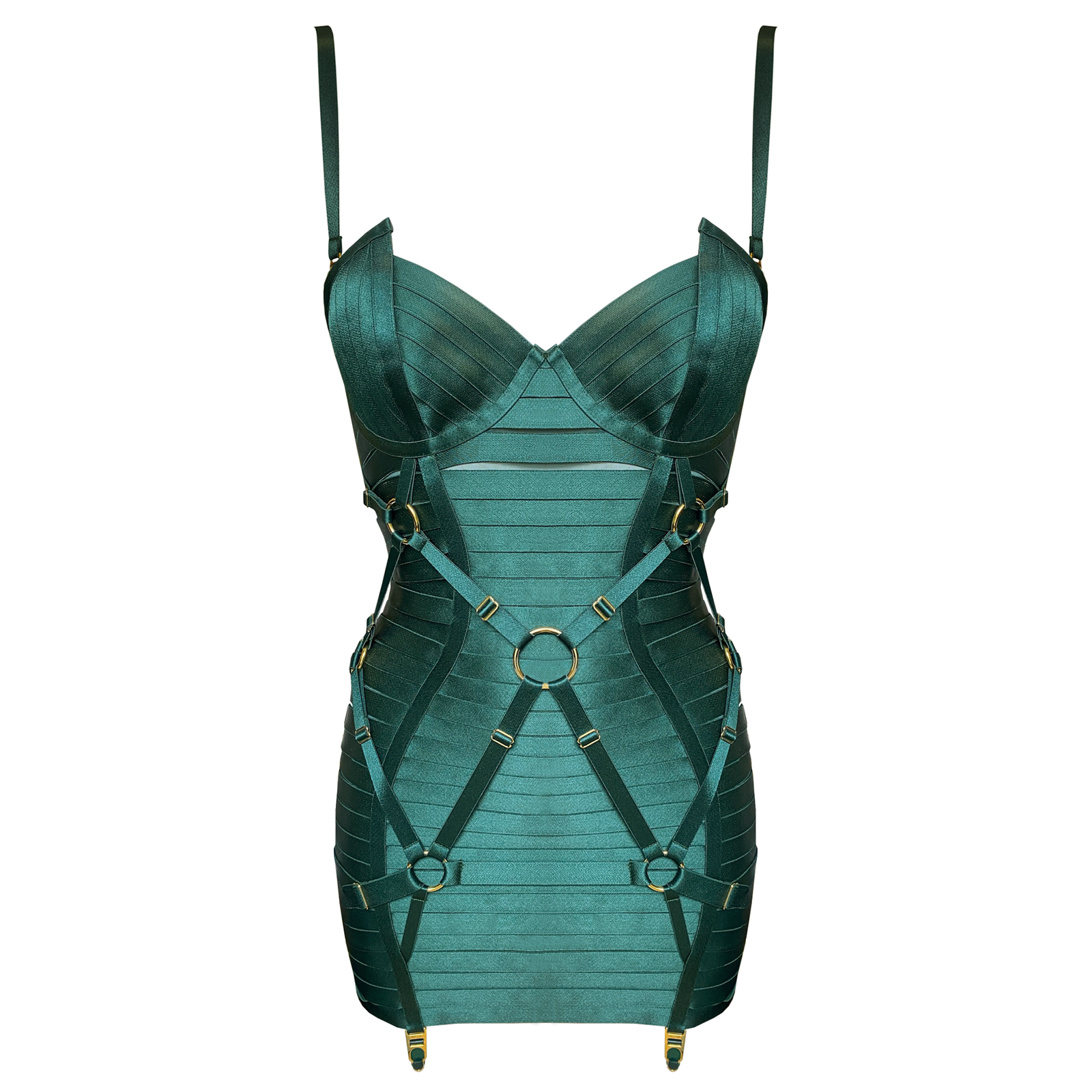 Exclusive Bordelle adjustable Angela bondage dress in Eden green 