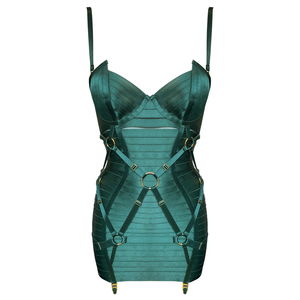 Exclusive Bordelle adjustable Angela bondage dress in Eden green 