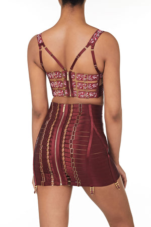 Bordelle Kew Panelled Bodice Bra with high waist brief and garter - morello burgundy red - back