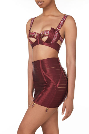 Bordelle Kew Panelled Bodice Bra with high waist brief and garter - morello burgundy red - side