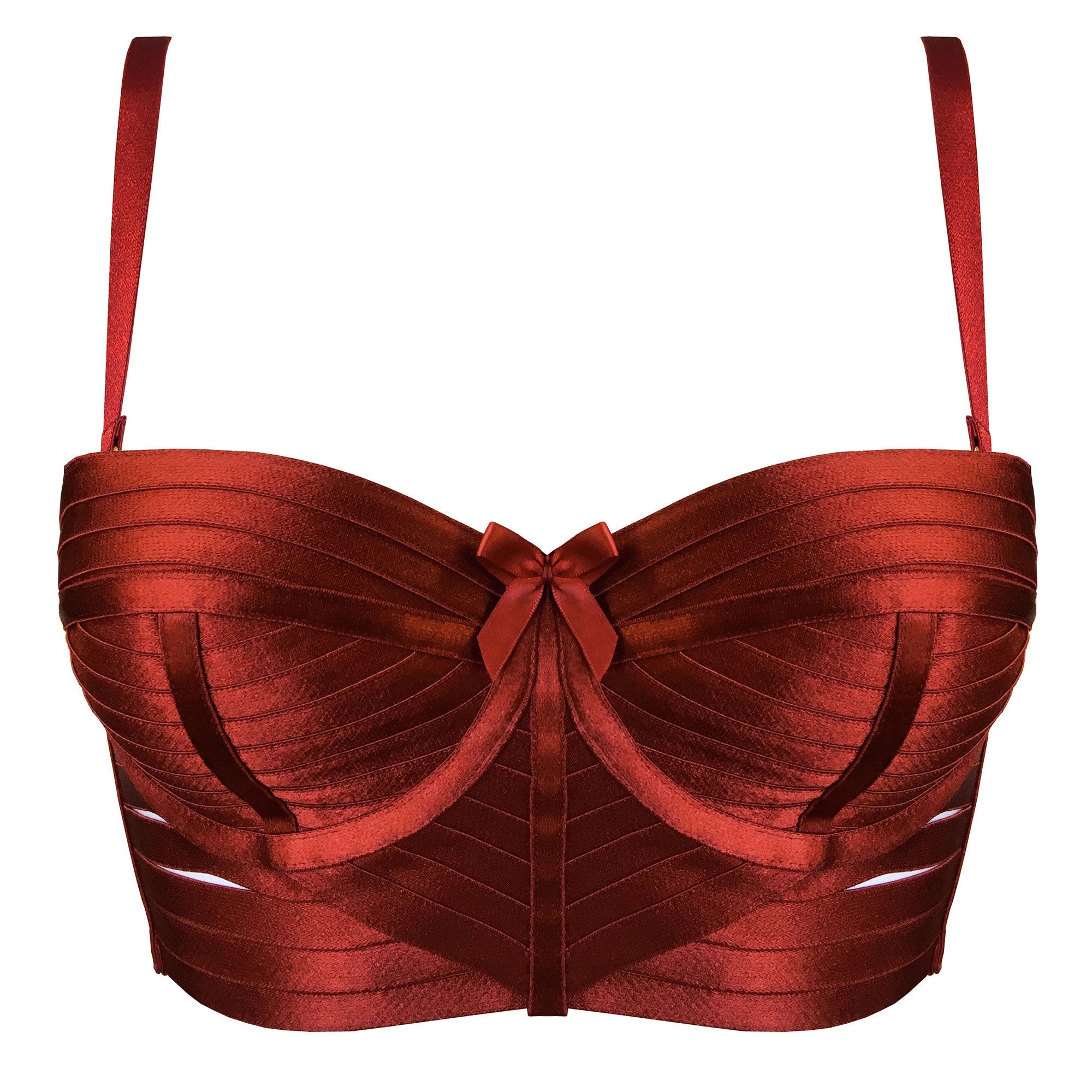 Bordelle Minerva bodice bra with alternate straps over shoulder in red