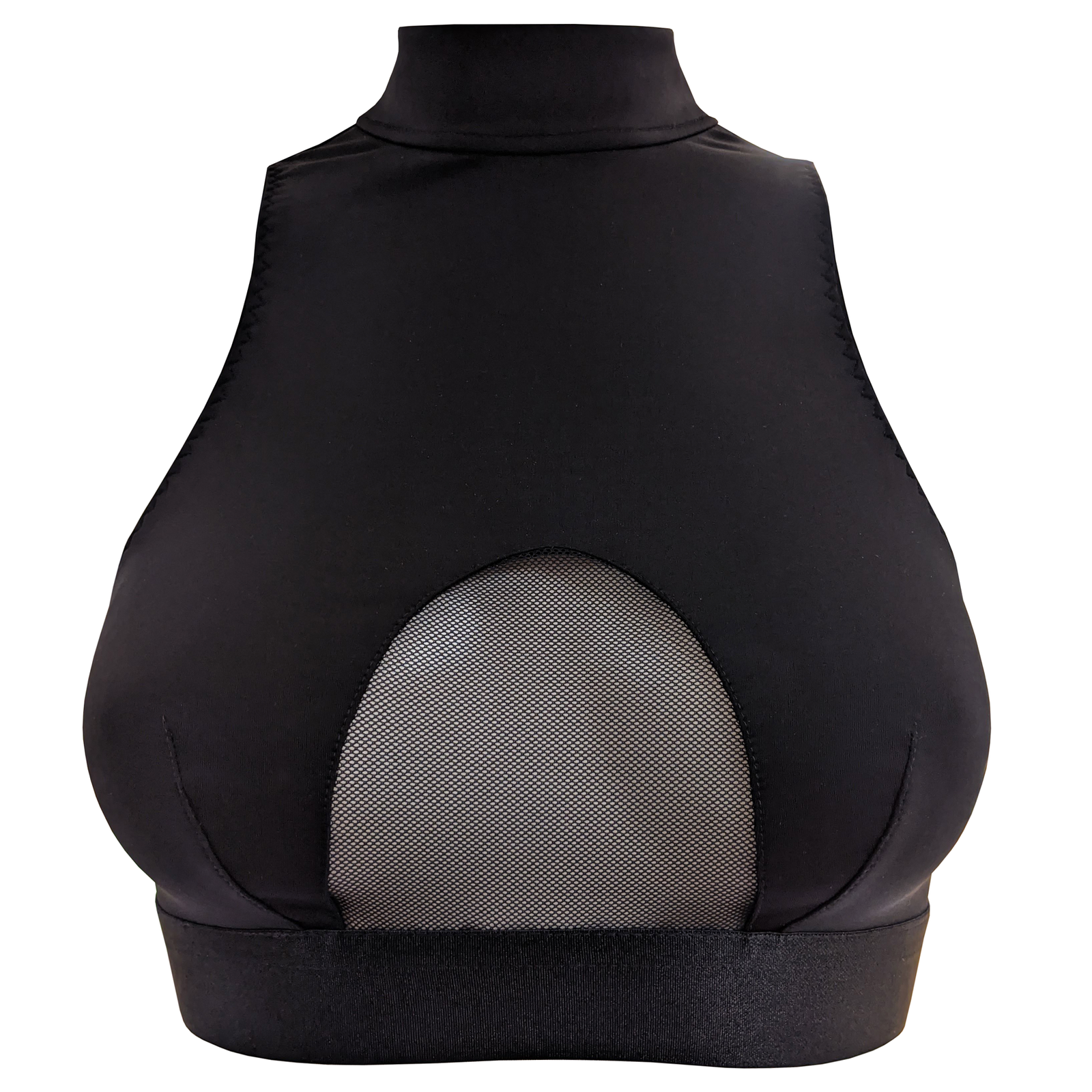 Bordelle Rey crop top black recycled jersey cotton high neck soft cup bra with sheer mesh peep between bust and signature silk elastic underbust