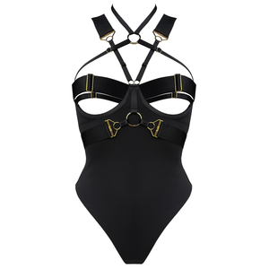 Bordelle Rey bondage body black jersey cotton bodysuit with underwire and adjustable satin silk elastic straps across bust and around neck