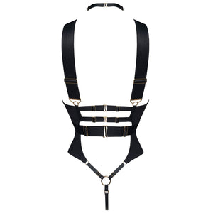 Bordelle Rey bondage thong bodysuit  black with multiple straps across back, fastened with 24k gold hardware