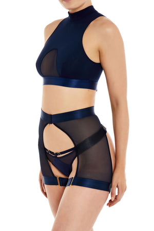 Bordelle Rey thong, Rey ouvert garter brief open back short with adjustable waist and thigh straps, Rey crop top with sheer mesh peep between bust in navy blue - side view