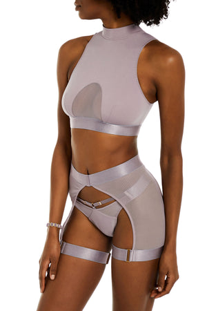Bordelle Rey thong, Rey ouvert garter brief open back short with adjustable waist and thigh straps, Rey crop top with sheer mesh peep between bust in tundra violet - side view