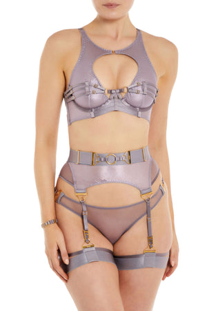 Bordelle Ula suspender and Ula bodice bra and Ula thong tundra violet foiled sheer mesh and grid mesh statement garter belt with four straps and large 24k gold plated o ring detail at front