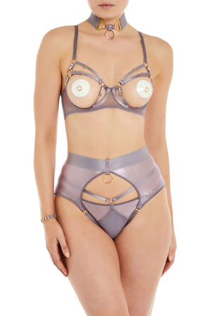 Bordelle Ula strap thong with Ula ouvert wire bra and Ula ouvert brief tundra panelled sheer foiled mesh with gold plated o ring detail at front of gstring leading up to extra straps 