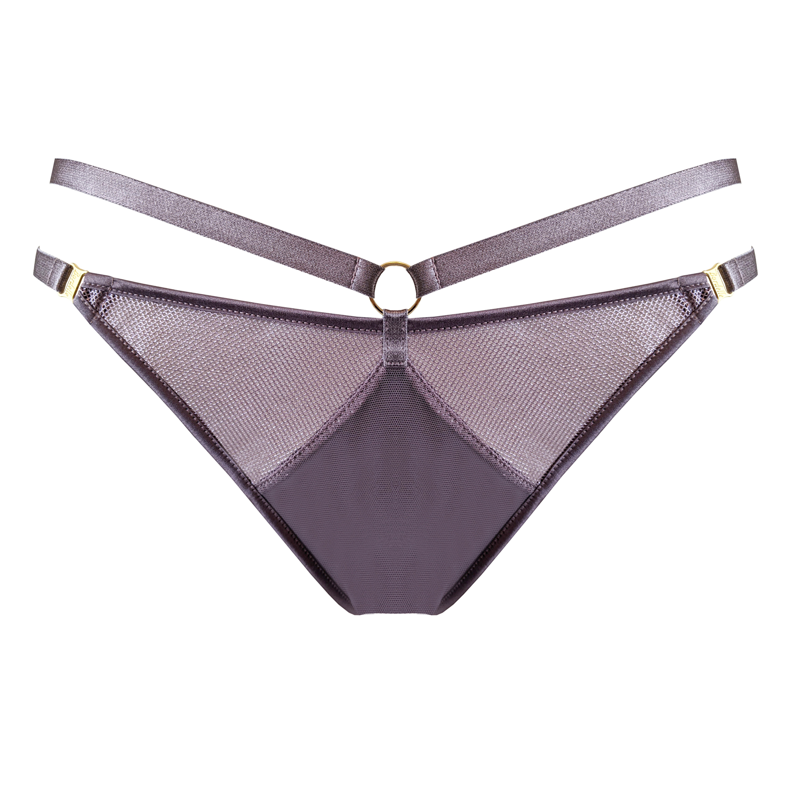 Bordelle Ula strap thong tundra purple sheer shimmer foiled mesh with gold plated o ring detail at front