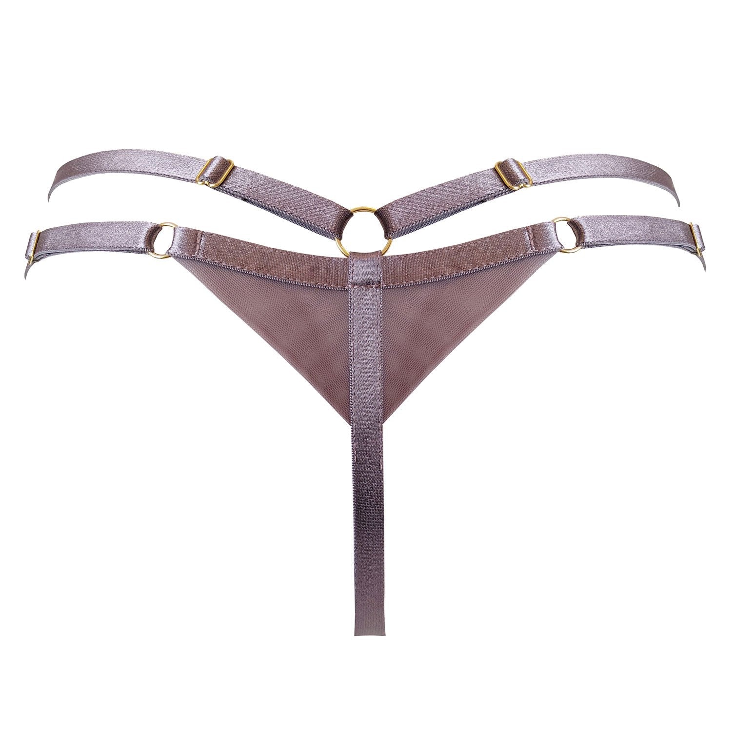 Bordelle Ula strap thong tundra purple sheer shimmer foiled mesh with gold plated o ring detail at front