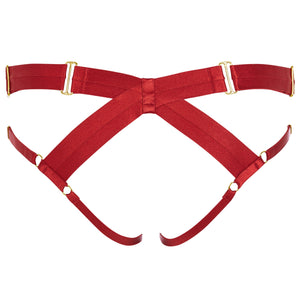 Bordelle Bondage harness brief in red open back knicker with suspender straps