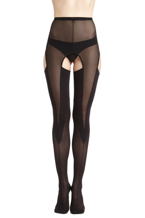DSTM Axon suspender tights black sheer run free hosiery ouvert peep suspender style panelled mesh - front view