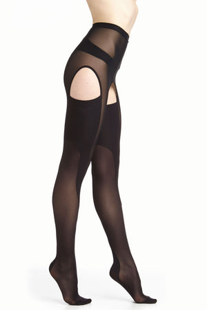 DSTM Axon suspender tights black sheer run free hosiery ouvert peep suspender style with cut outs - side view