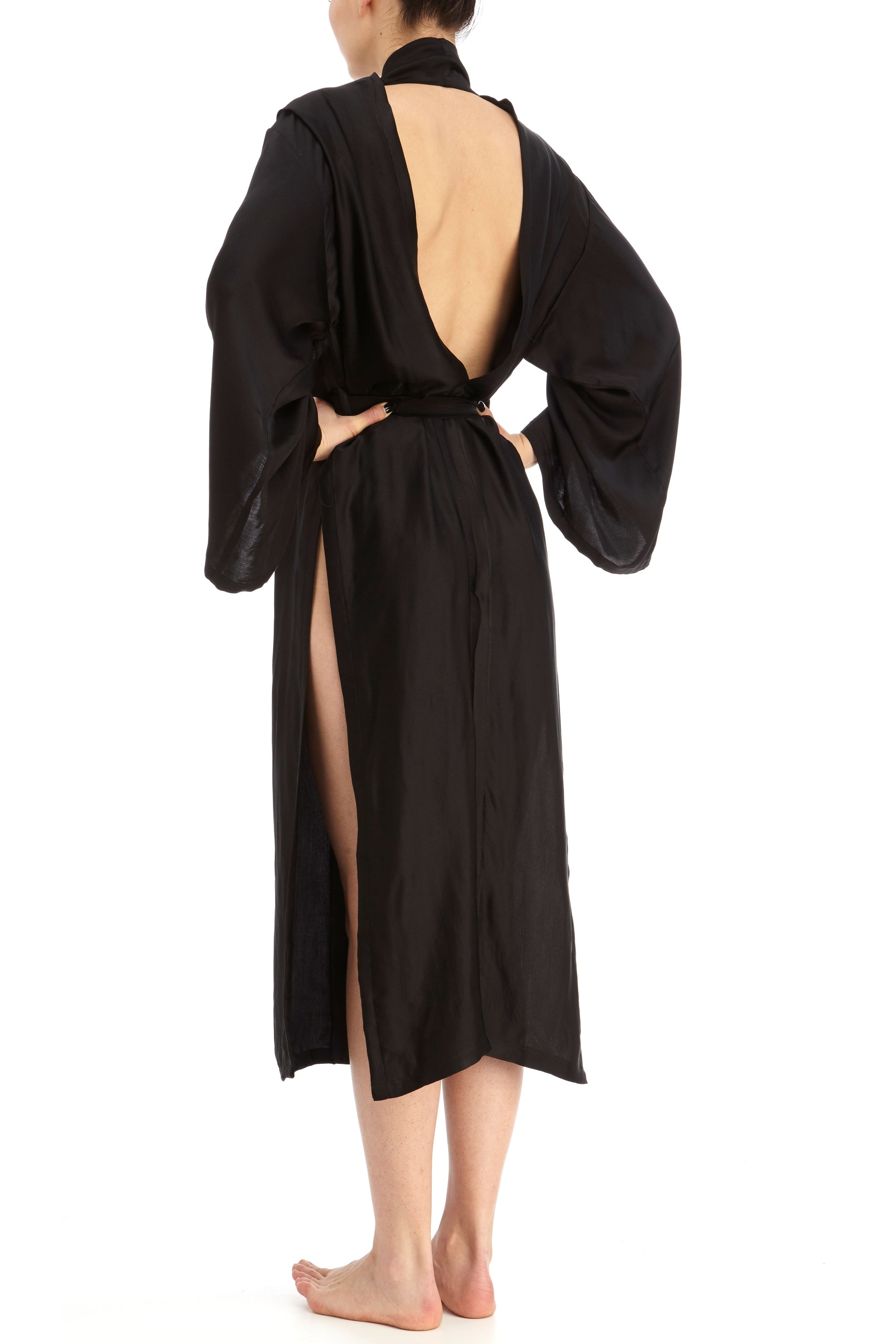 DSTM Hishi satin robe cut out back peep split kimono - side back