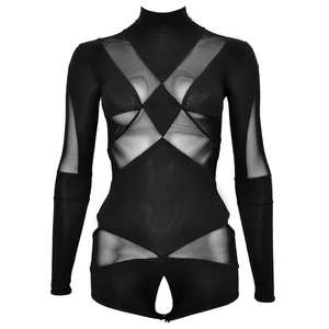 DSTM Jung long sleeve bodysuit. Graphic sheer mesh and opaque eco fabrics turtleneck body stocking open crotch