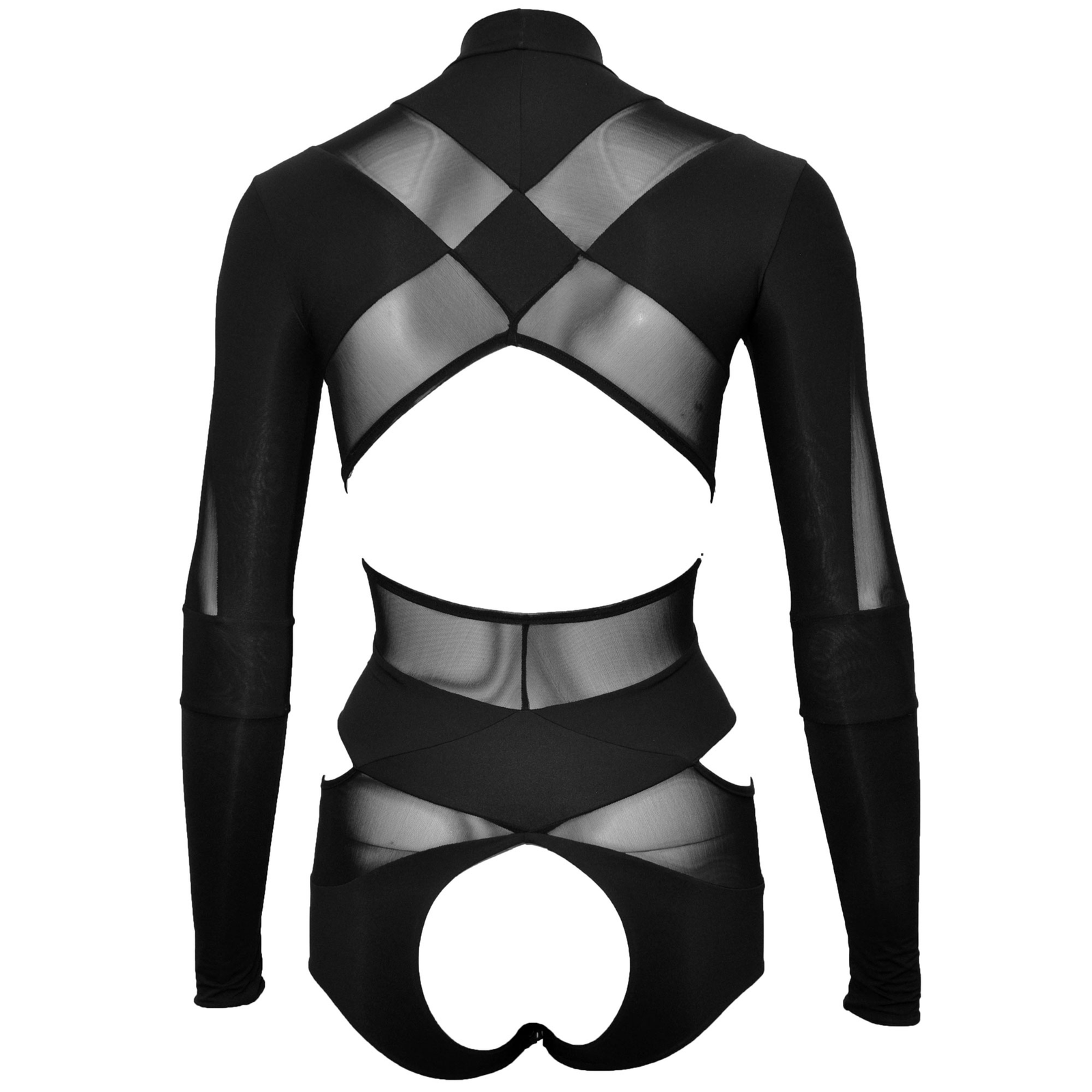DSTM Jung long sleeve bodysuit. Graphic sheer mesh and opaque eco fabrics turtleneck body stocking open crotch