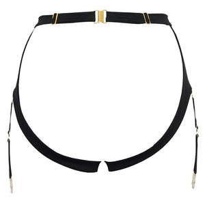 DSTM Maya suspender belt black lingerie swimwear ouvert harness knicker with gold hardware