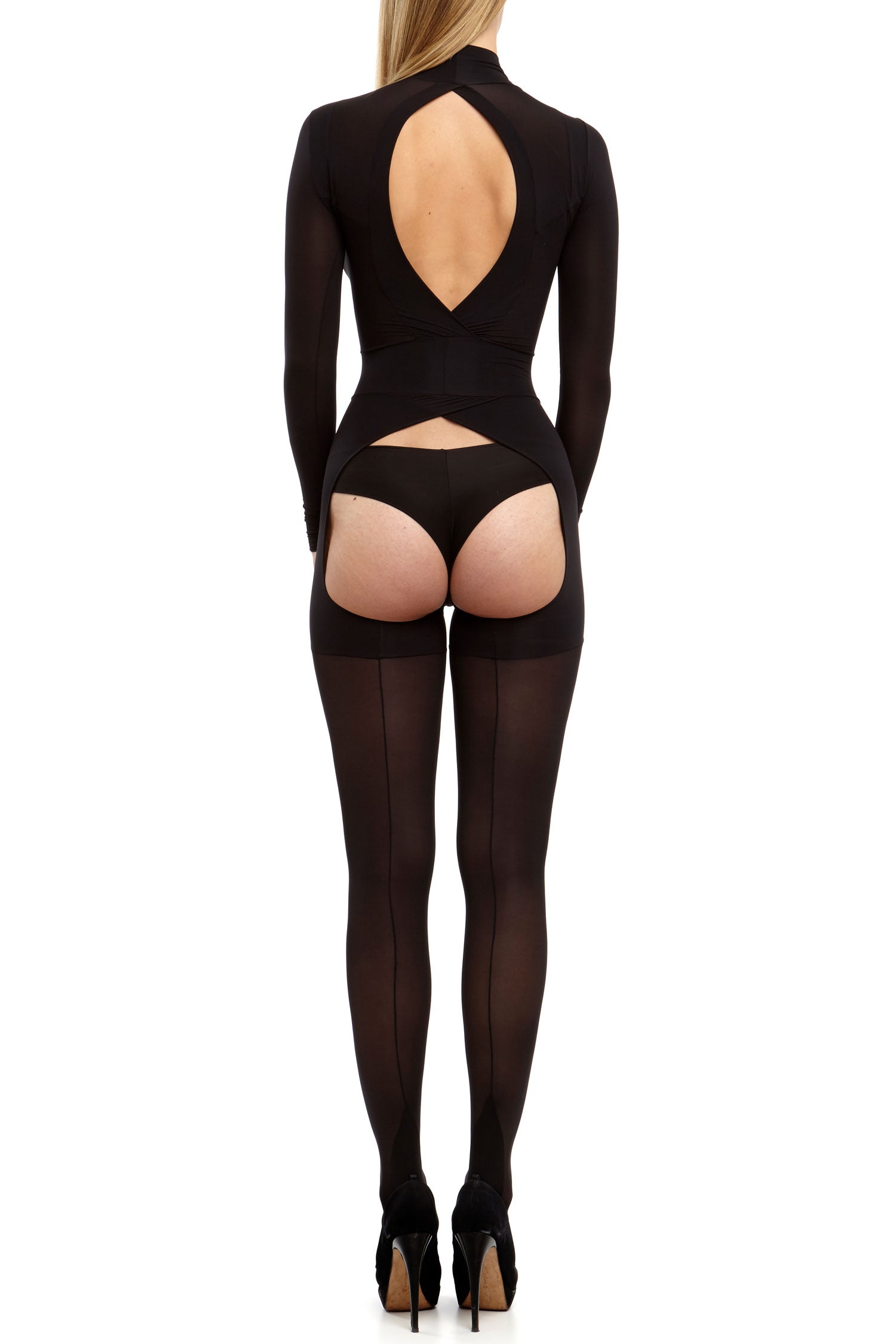 DSTM Sirius suit black sheer bodysuit leotard one piece high neck model back