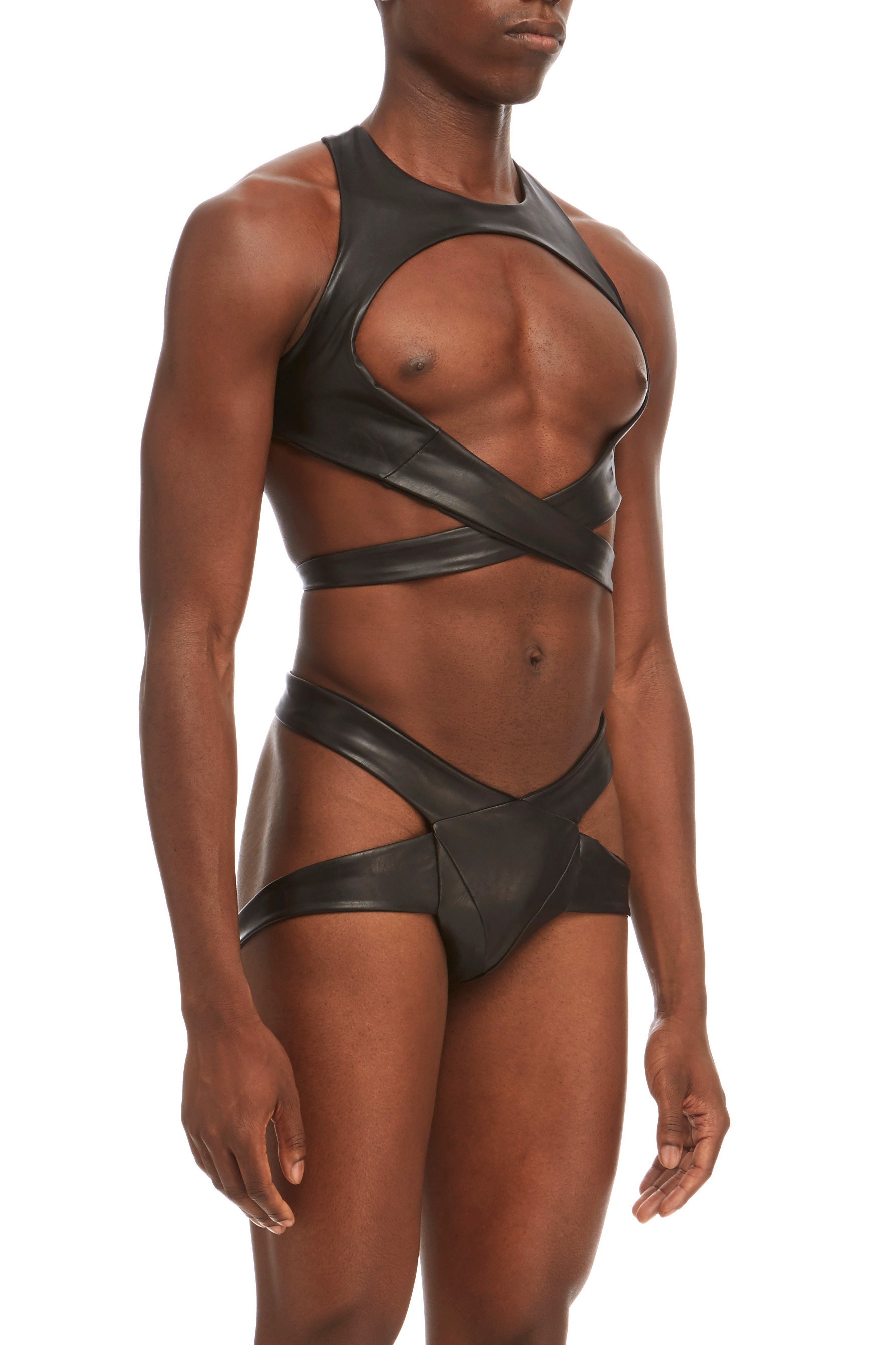 DSTM Maya mens harness and thong in vegan leather - side