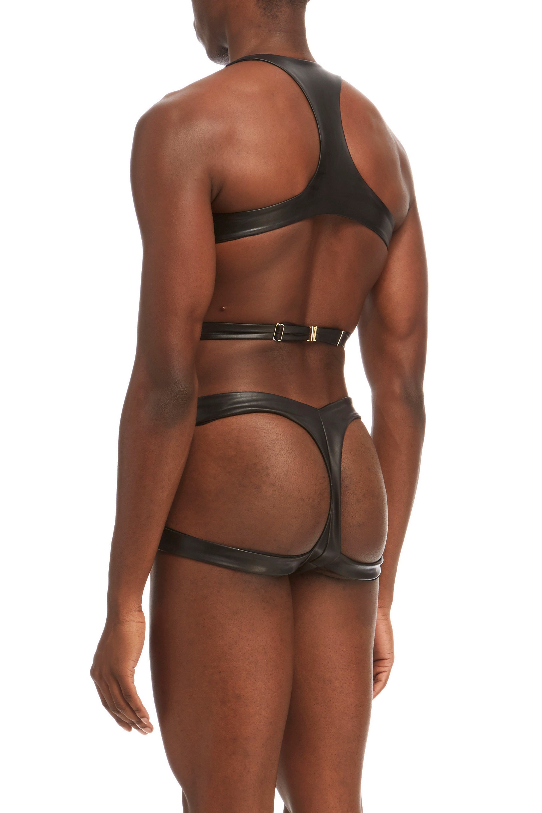 DSTM Maya mens harness and thong in vegan leather - side back