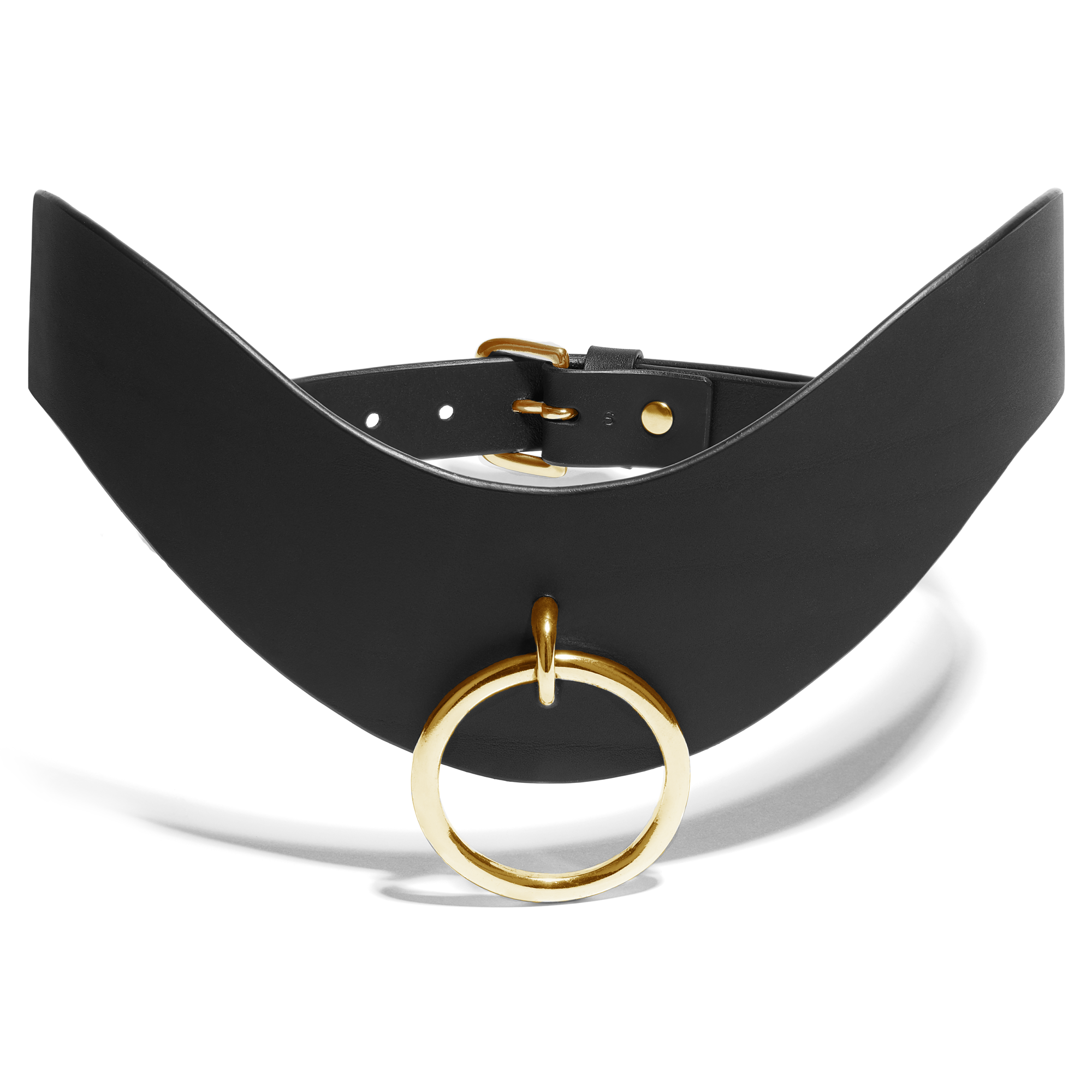 Fleet Ilya O-ring curved belt in black leather with large brass o ring on front