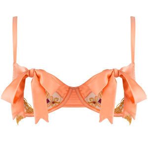 Studio Pia Balconette bra with silk bow cup detail in coral peach ethical silk - front