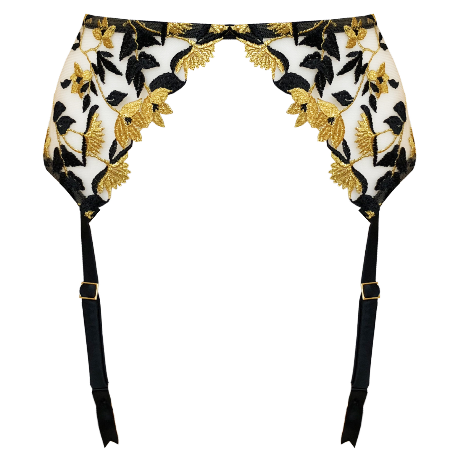Studio Pia Soraya harness suspender with leg straps detached gold black leaf embroidery sheer tulle signature collection