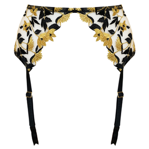 Studio Pia Soraya harness suspender with leg straps detached gold black leaf embroidery sheer tulle signature collection