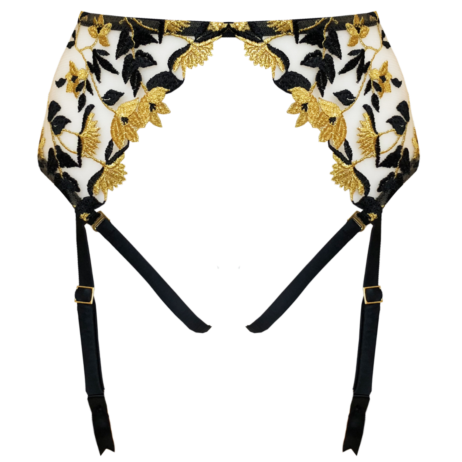 Studio Pia Soraya harness suspender with detachable leg straps black gold embroidery ouvert knicker