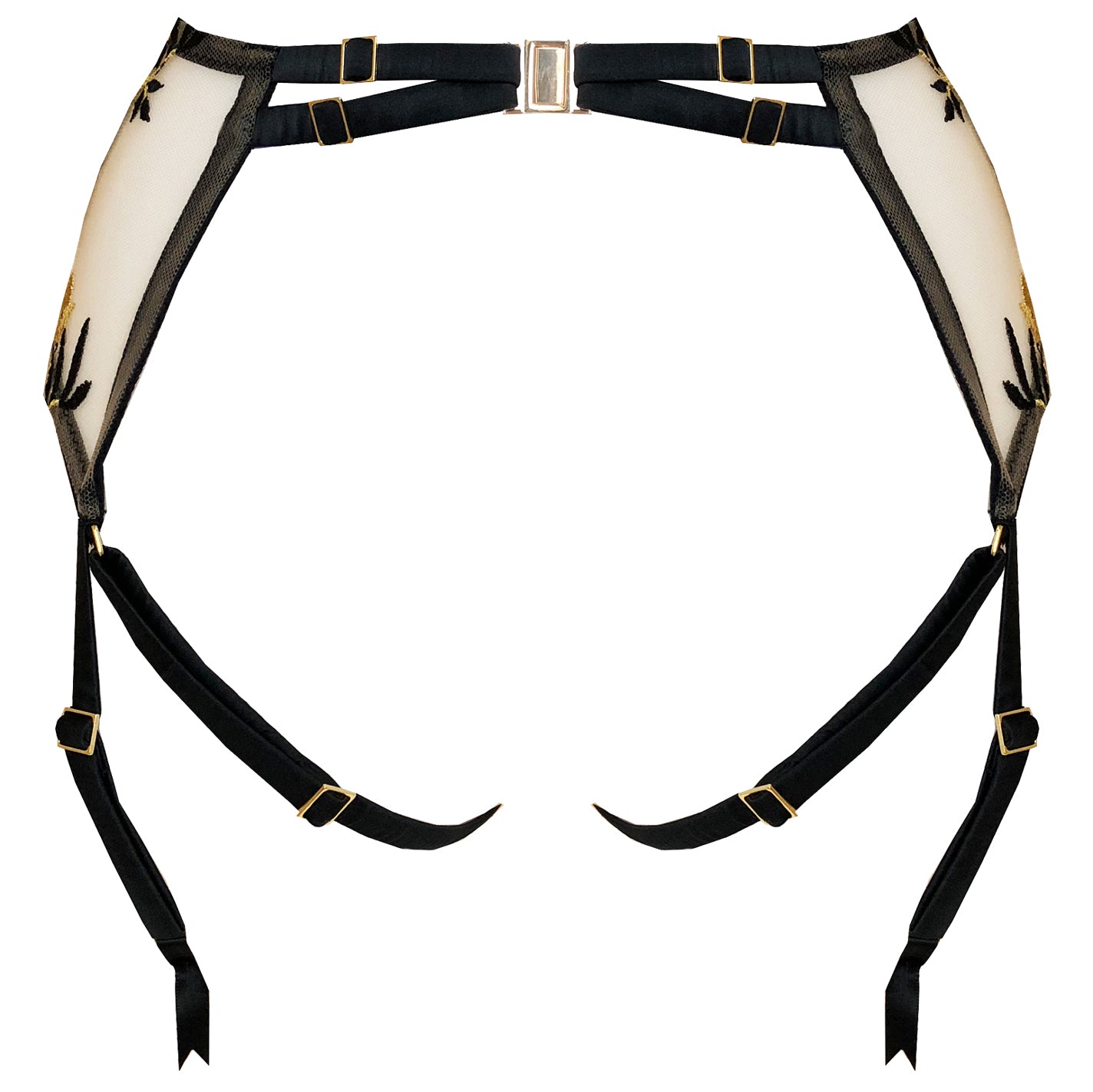 Studio Pia Soraya harness suspender with detachable leg straps black gold embroidery ouvert knicker
