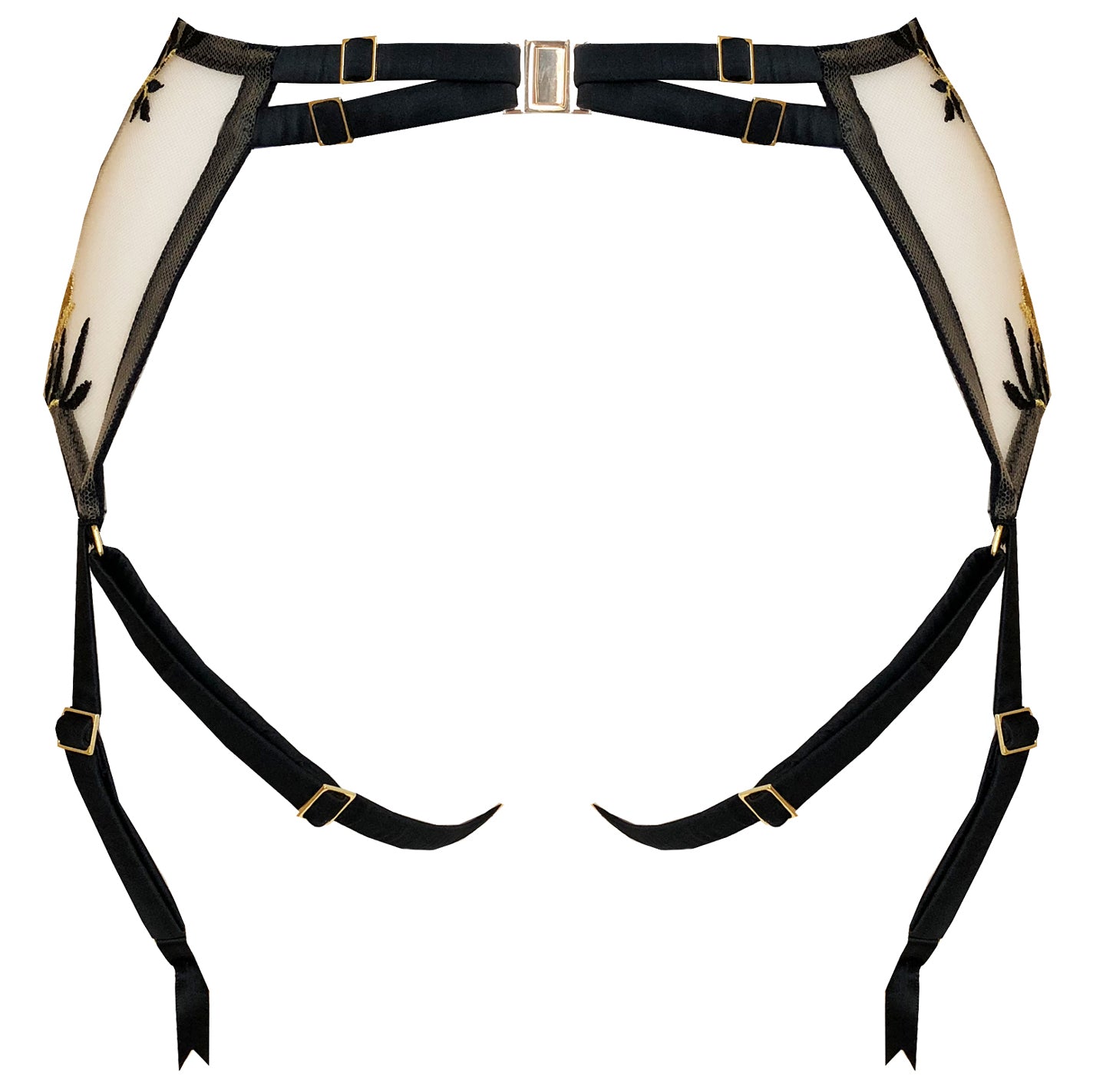 Studio Pia Soraya harness suspender with detachable leg straps black gold embroidery ouvert knicker