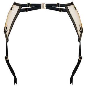 Studio Pia Soraya harness suspender with leg straps detached garter belt black eco silk four strap 24k gold plated clasp back- back