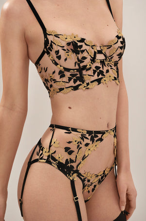 Studio Pia Soraya longline bra, Soraya suspender ouvert and Soraya thong sheer embroidered tulle gold plated hardware - lookbook