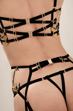 Studio Pia Soraya thong, Soraya longline bra and Soraya suspender ouvert black eco peace silk gold plated hardware cut out peep gstring - lookbook